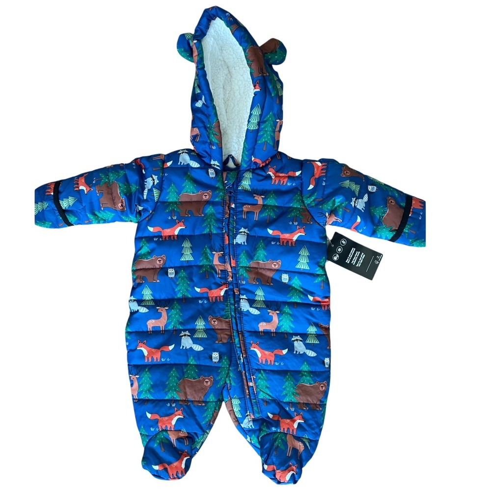 The Childrens Place Kids 0-3M Snowsuit Woodland Animal Puffer Bunting Blue
